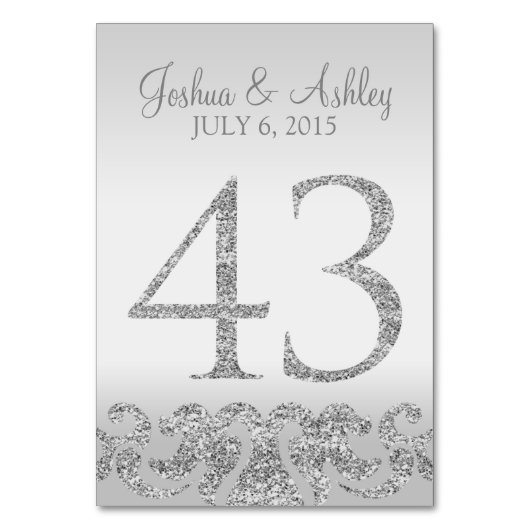 Zilveren Glitter Look Trouwtafel Numbers-43 Kaart (Voorkant)