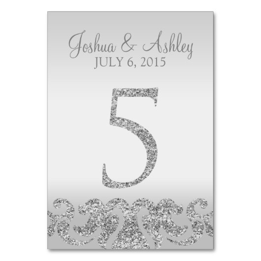 Zilveren Glitter Look Trouwtafel Numbers-5 Kaart (Achterkant)