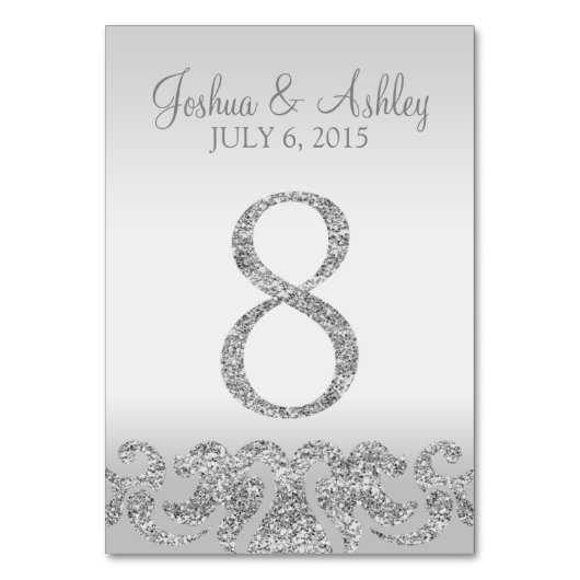 Zilveren Glitter Look Trouwtafel Numbers-8 Kaart (Voorkant)
