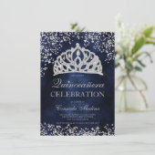 Zilveren glitter marine blauw foto tiara quinceañe kaart (Staand voorkant)