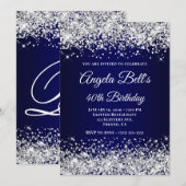 Zilveren Glitter Marine Blauw Monogram 40e Verjaar Kaart (Voorkant / Achterkant)