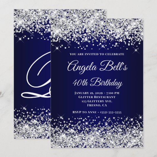 Zilveren Glitter Marine Blauw Monogram 40e Verjaar Kaart (Voorkant / Achterkant)