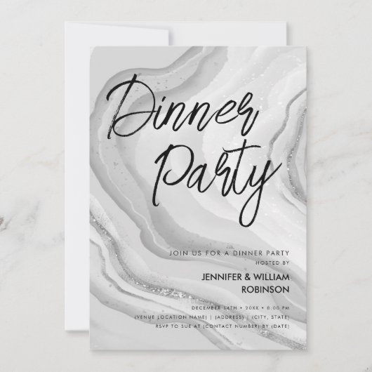 Zilveren Glitter Marmer Script Dinerfeest  Kaart (Voorkant)