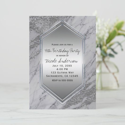 Zilveren Glitter Marmeren Verjaardagsfeest Elk Eve Kaart (Staand voorkant)