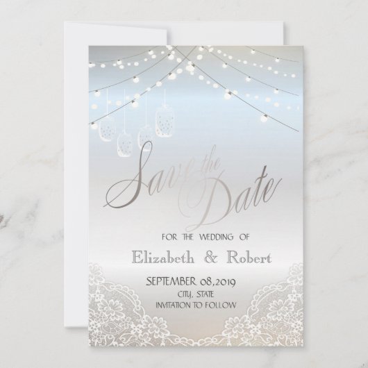Zilveren Glitter,Mason Jar, Kant Save The Date (Voorkant)