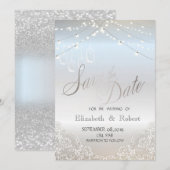 Zilveren Glitter,Mason Jar, Kant Save The Date (Voorkant / Achterkant)