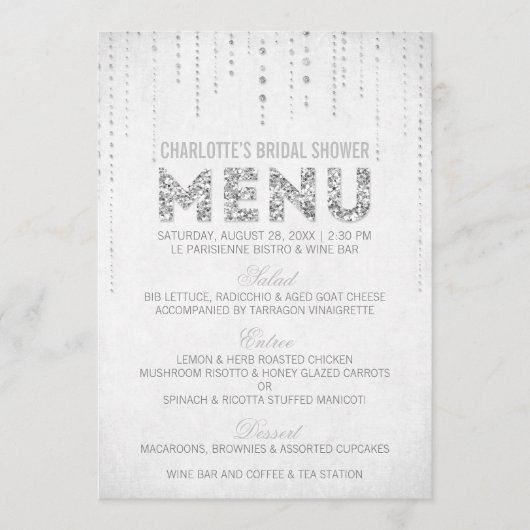 Zilveren Glitter Menu Kaart (Voorkant)