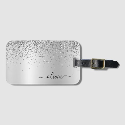 Zilveren Glitter Metaal Monogram Glam Naam Bagagelabel (Voorkant (horizontaal))