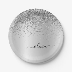 Zilveren Glitter Metaal Monogram Glam Naam Papieren Bordje