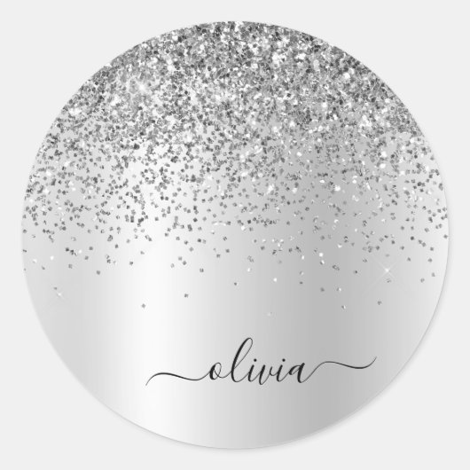 Zilveren Glitter Metaal Monogram Glam Naam Ronde Sticker (Voorkant)