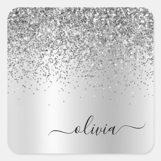 Zilveren Glitter Metaal Monogram Glam Naam Vierkante Sticker (Voorkant)