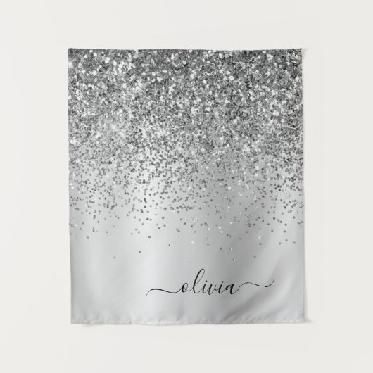 Zilveren Glitter Metaal Monogram Glam Naam Wandkleed (Voorkant)