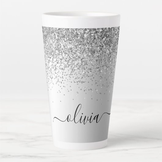 Zilveren Glitter Metaal Monogram Naam Latte Mok (Voorkant)