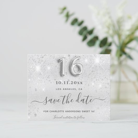 Zilveren glitter metaal save the date voor Sweet 1 (Staand voorkant)