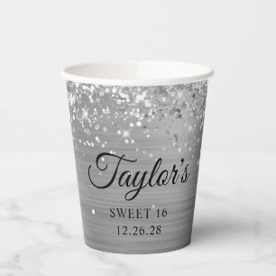 Zilveren Glitter Metallic Folie Sweet 16 Papieren Bekers