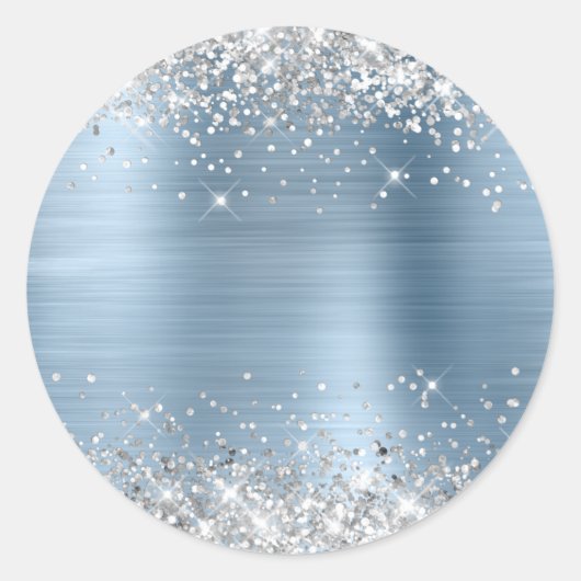 Zilveren Glitter Metallic Lichtblauwe Achtergrond Ronde Sticker (Voorkant)