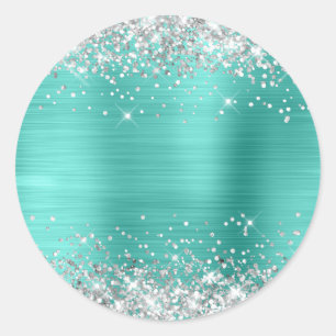 Zilveren Glitter Metallic Turquoise Blank Ronde Sticker