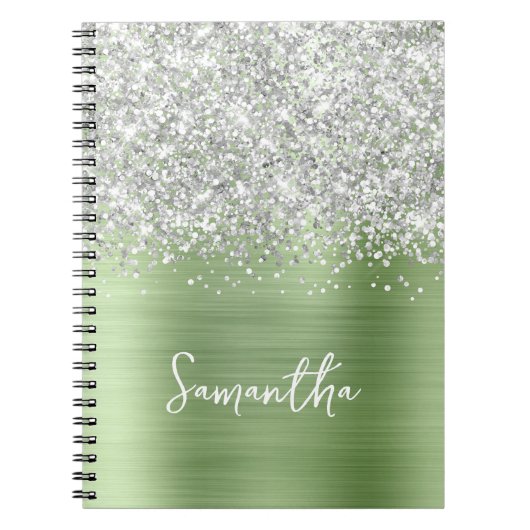 Zilveren Glitter Mint Glam Script Naam Notitieboek (Voorkant)