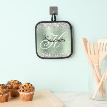 Zilveren Glitter Mint Groene Folie Fancy Monogram