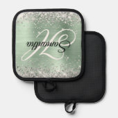 Zilveren Glitter Mint Groene Folie Fancy Monogram Pannenlap (Voorkant / Achterkant)