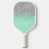 Zilveren Glitter Mintgroene Ombre Moderne Script Pickleball Paddle (Achterkant)