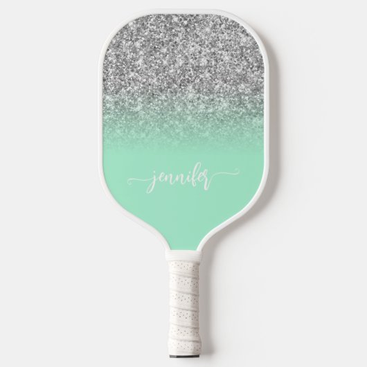 Zilveren Glitter Mintgroene Ombre Moderne Script Pickleball Paddle (Voorkant)