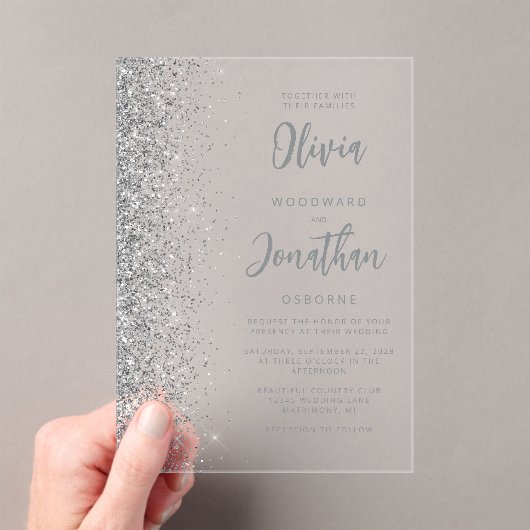 Zilveren Glitter Modern Script Trouwen Acryl Uitnodigingen (Insitu (Draagbaar))