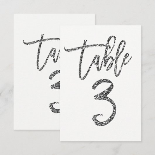 Zilveren Glitter Moderne Script Tafelnummer 3 (Voorkant / Achterkant)