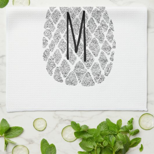 zilveren glitter monogram ananas theedoek (Gevouwen)