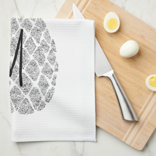 zilveren glitter monogram ananas theedoek (Quarter Fold)