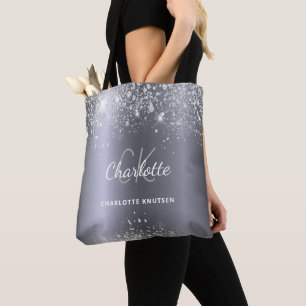 Zilveren glitter monogram initiaal naam tote bag