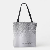 Zilveren Glitter Monogram Naam Luxe Meisjesachtig Tote Bag (Achterkant)