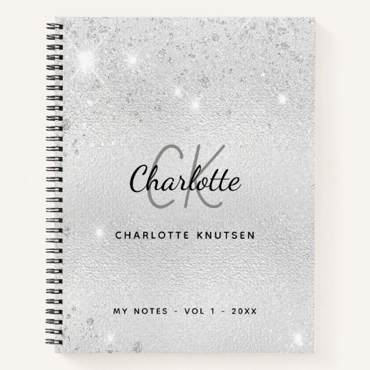 Zilveren glitter monogram naam notitieboek (Voorkant)