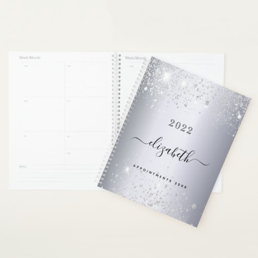 Zilveren glitter monogram naam script 2025 planner (Display)