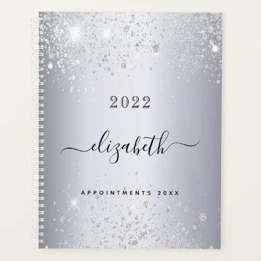 Zilveren glitter monogram naam script 2025 planner (Voorkant)