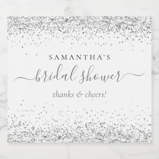 Zilveren Glitter Naam Proost Bruidsfeest Sparkling Wijnetiket (Enkel label)