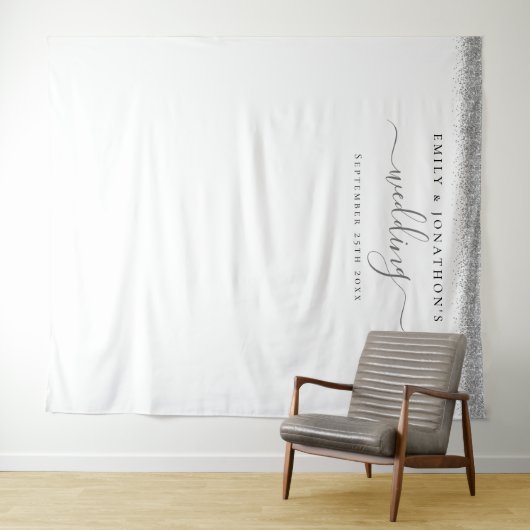 Zilveren Glitter Namen Trouwfoto Achtergrond  Wandkleed (In Situ (horizontaal))