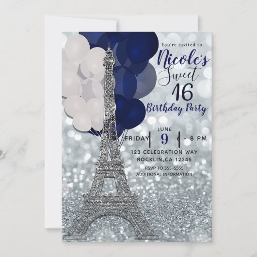 Zilveren Glitter Navy Ballonnen Parijs Eiffeltoren Kaart (Voorkant)