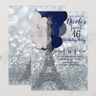 Zilveren Glitter Navy Ballonnen Paris Eiffeltoren Kaart