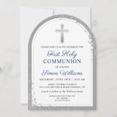 Zilveren Glitter Navy Blauwe Eerste Heilige Commun Kaart (Voorkant)