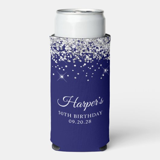 Zilveren Glitter Navy Blue 50e verjaardag Seltzer Blikjeskoeler (Seltzer Voorkant)