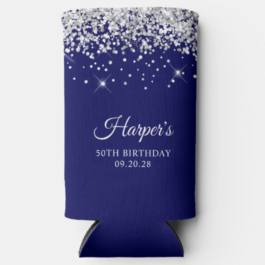 Zilveren Glitter Navy Blue 50e verjaardag Seltzer Blikjeskoeler (Voorkant)