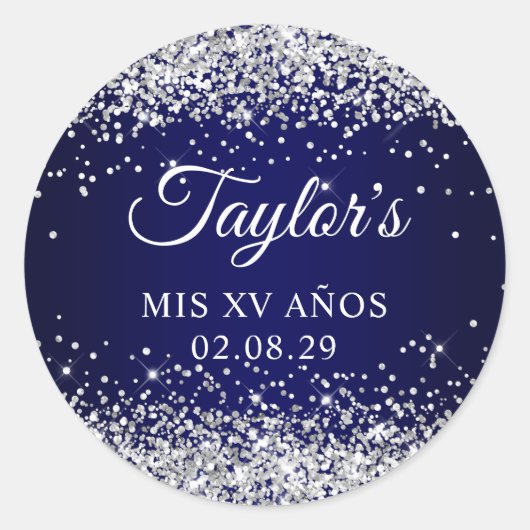 Zilveren Glitter Navy Blue Mis XV Anos Ronde Sticker (Voorkant)