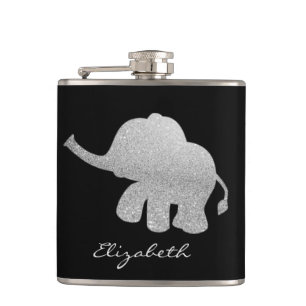 Zilveren Glitter Olifant, Zwart - Gepersonaliseerd Heupfles