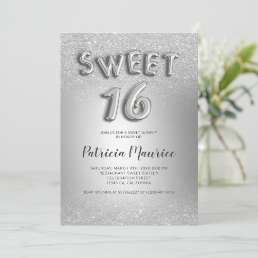 Zilveren glitter ombre letters grijs folie zoet 16 kaart (Staand voorkant)