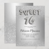 Zilveren glitter ombre letters grijs folie zoet 16 kaart (Voorkant / Achterkant)