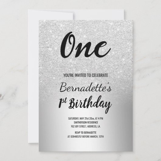 Zilveren glitter ombre metallic eerste verjaardag kaart (Voorkant)