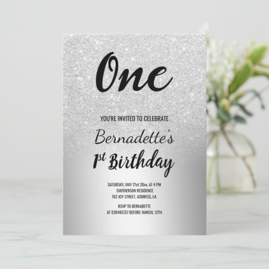 Zilveren glitter ombre metallic eerste verjaardag kaart (Staand voorkant)