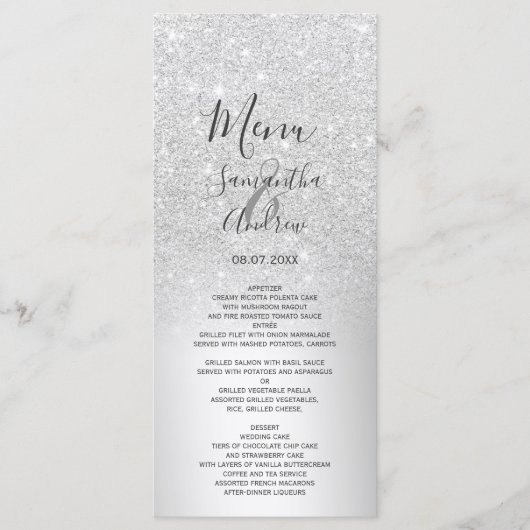 Zilveren glitter ombre metallic folie bruiloft men menu (Voorkant)