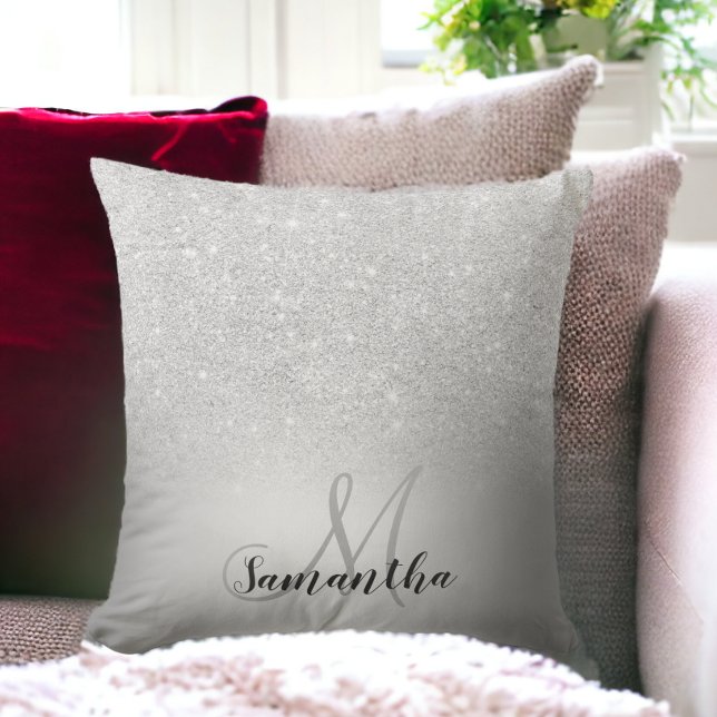 Zilveren glitter ombre metallic folie monogram kussen (Silver glitter ombre metallic foil monogram throw pillow)